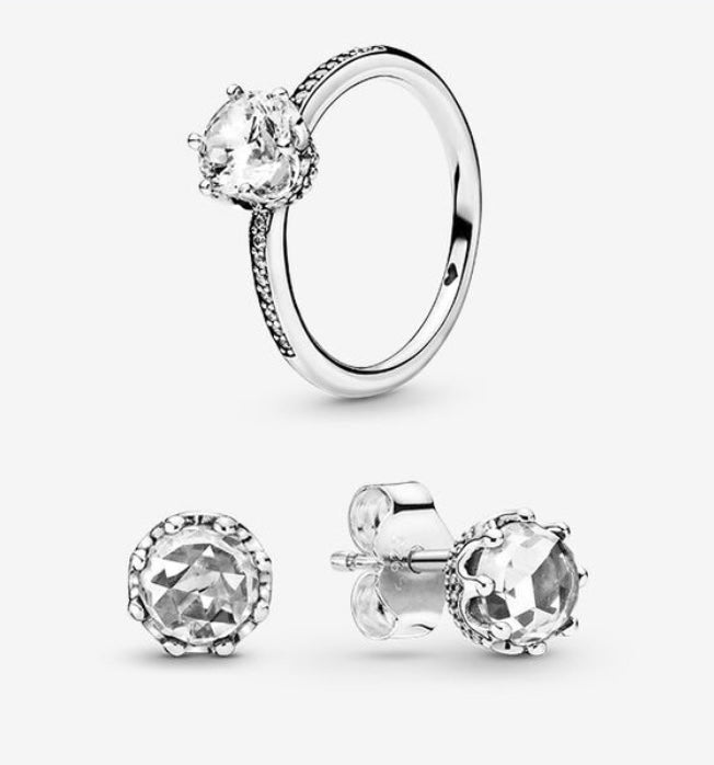 Clear Sparkling Crown Ring and Earring Set